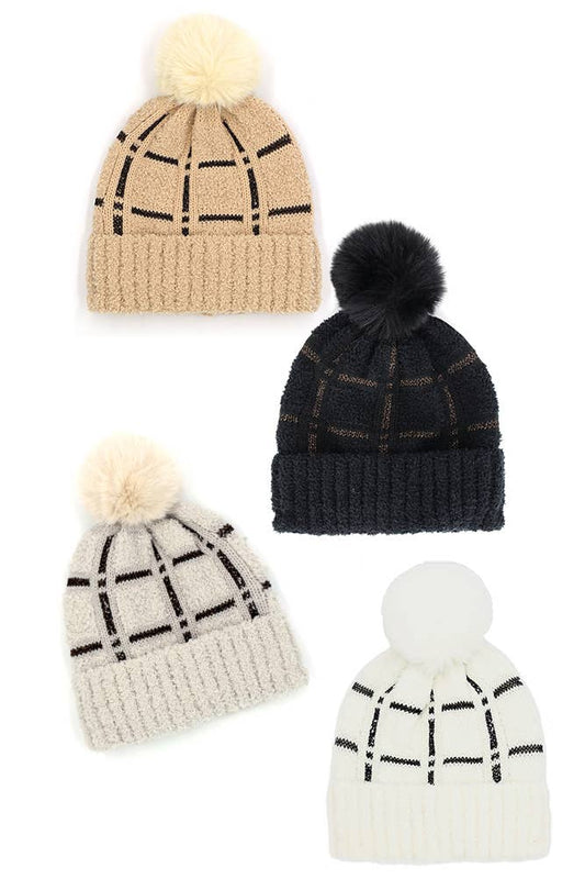 Plaid Pattern Fur Pom Beanie