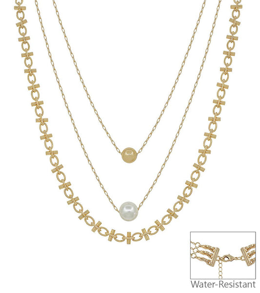 Water Resistant Gold & Pearl Triple Layer Necklace