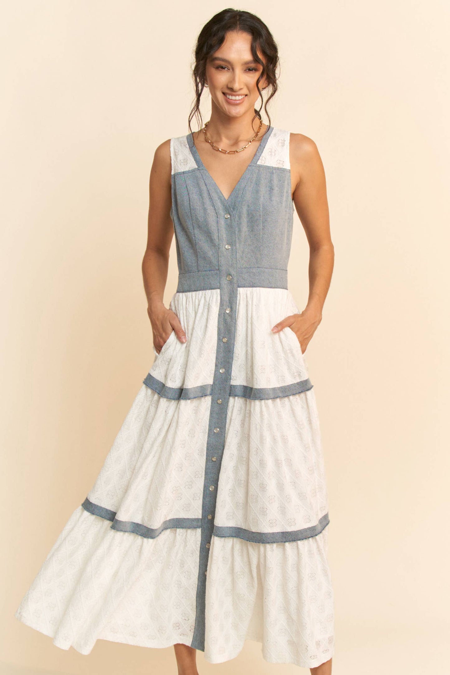 Down A Hidden Lane Denim & Lace Dress