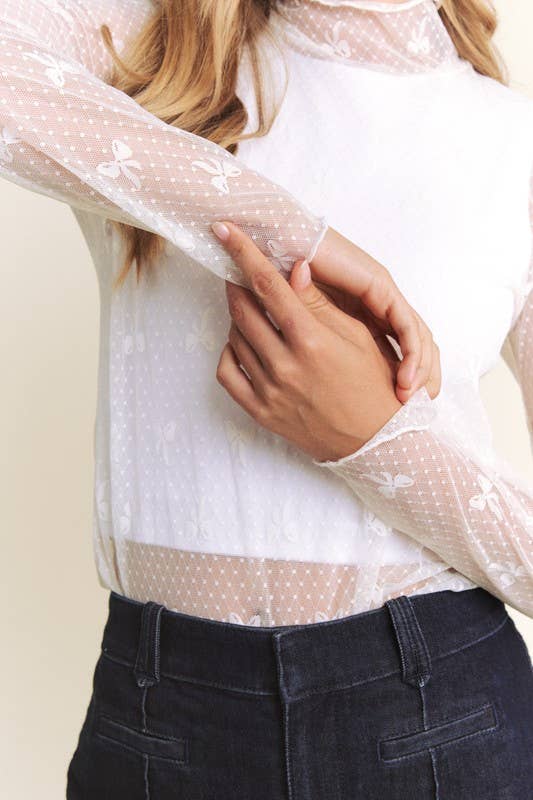 Bowtastic (White) Sheer Lace Top