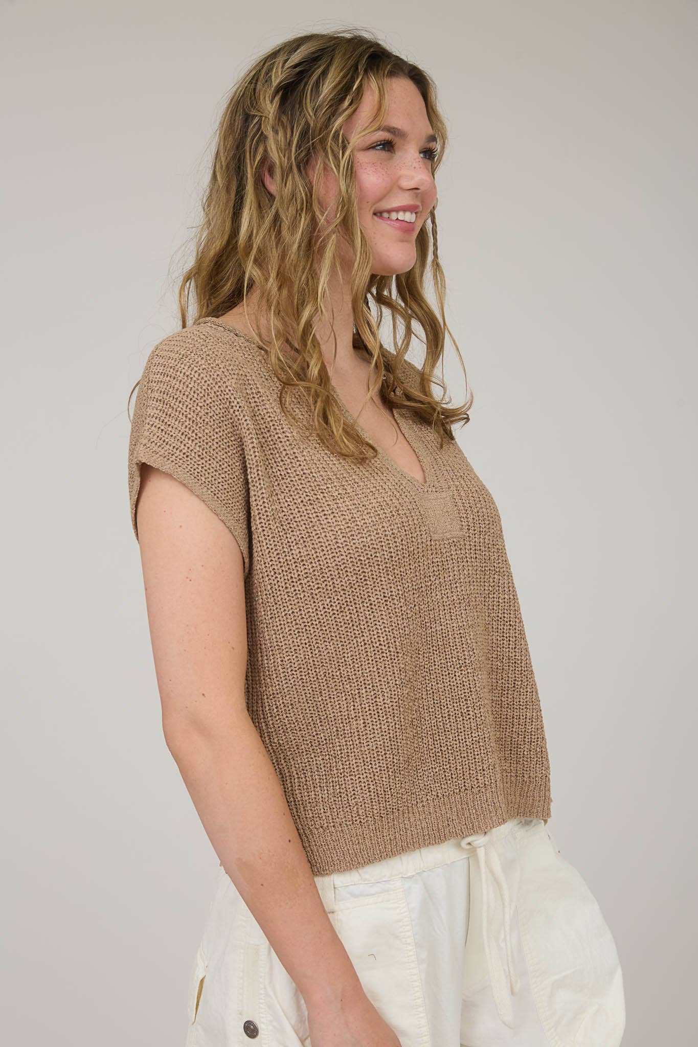 Day Trip (Taupe) SS Split Neck Sweater