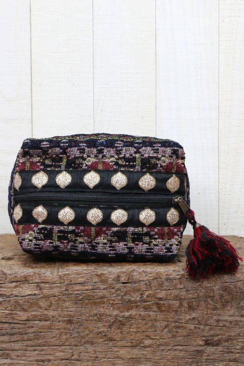 Jacquard Stripe (Black/Wine) Makeup Bag