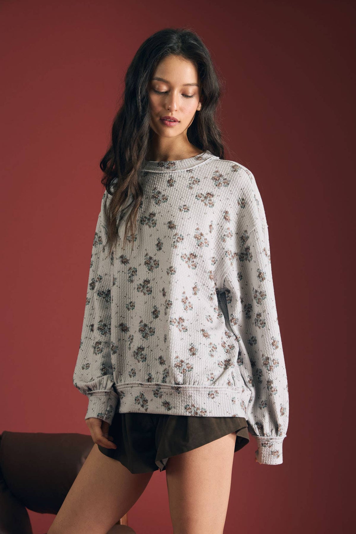 In Good Time (Grey) Floral Dot Knit Top