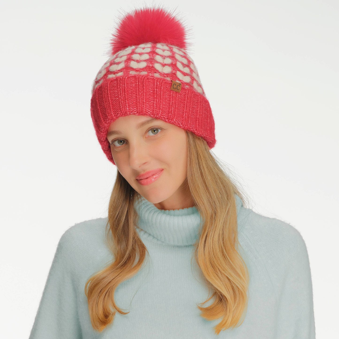 C.C. Full of Heart Pattern Pom Beanie