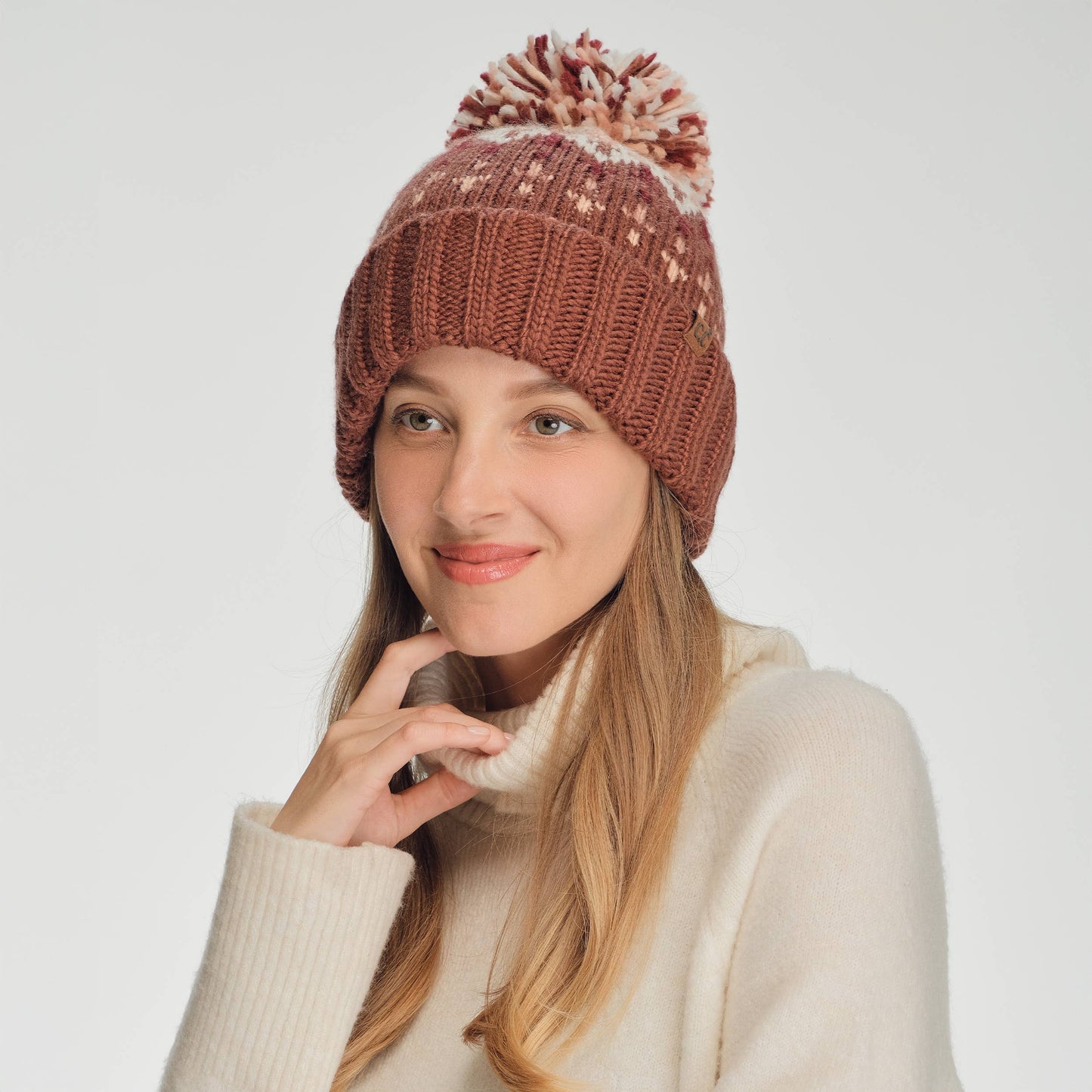 C.C Geo Pattern Yarn Pom Beanie