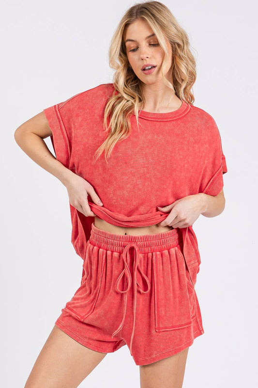 Lounge Love (Red) Rib Mineral Wash Shorts
