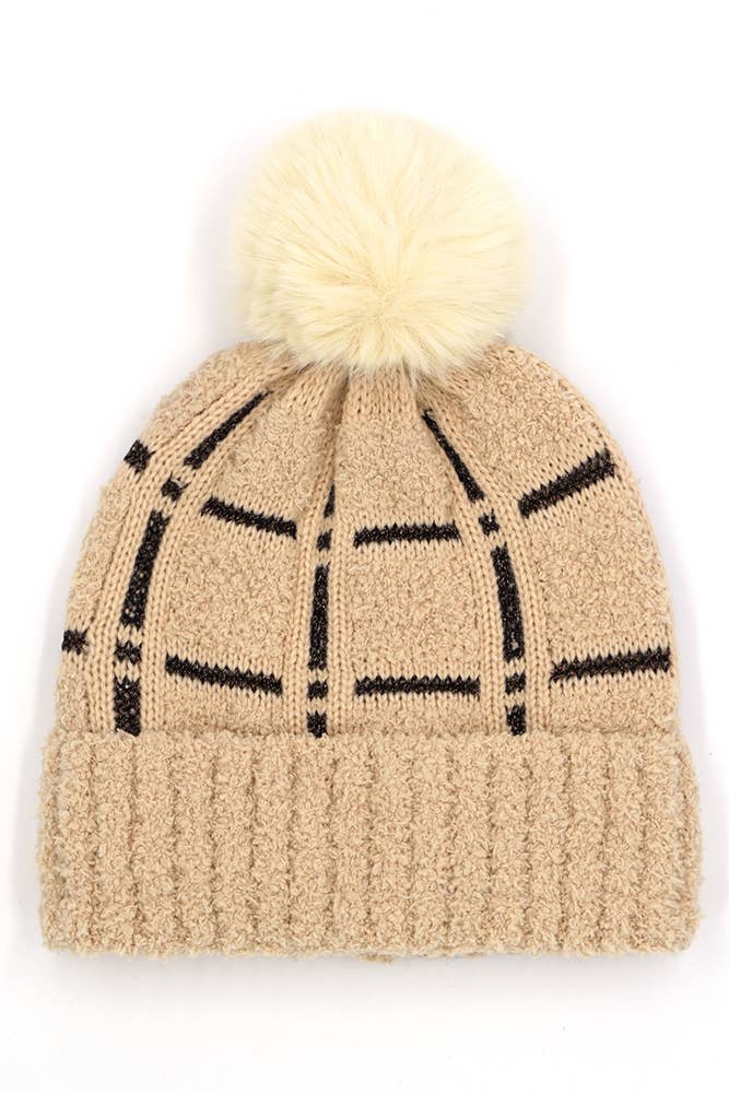 Plaid Pattern Fur Pom Beanie