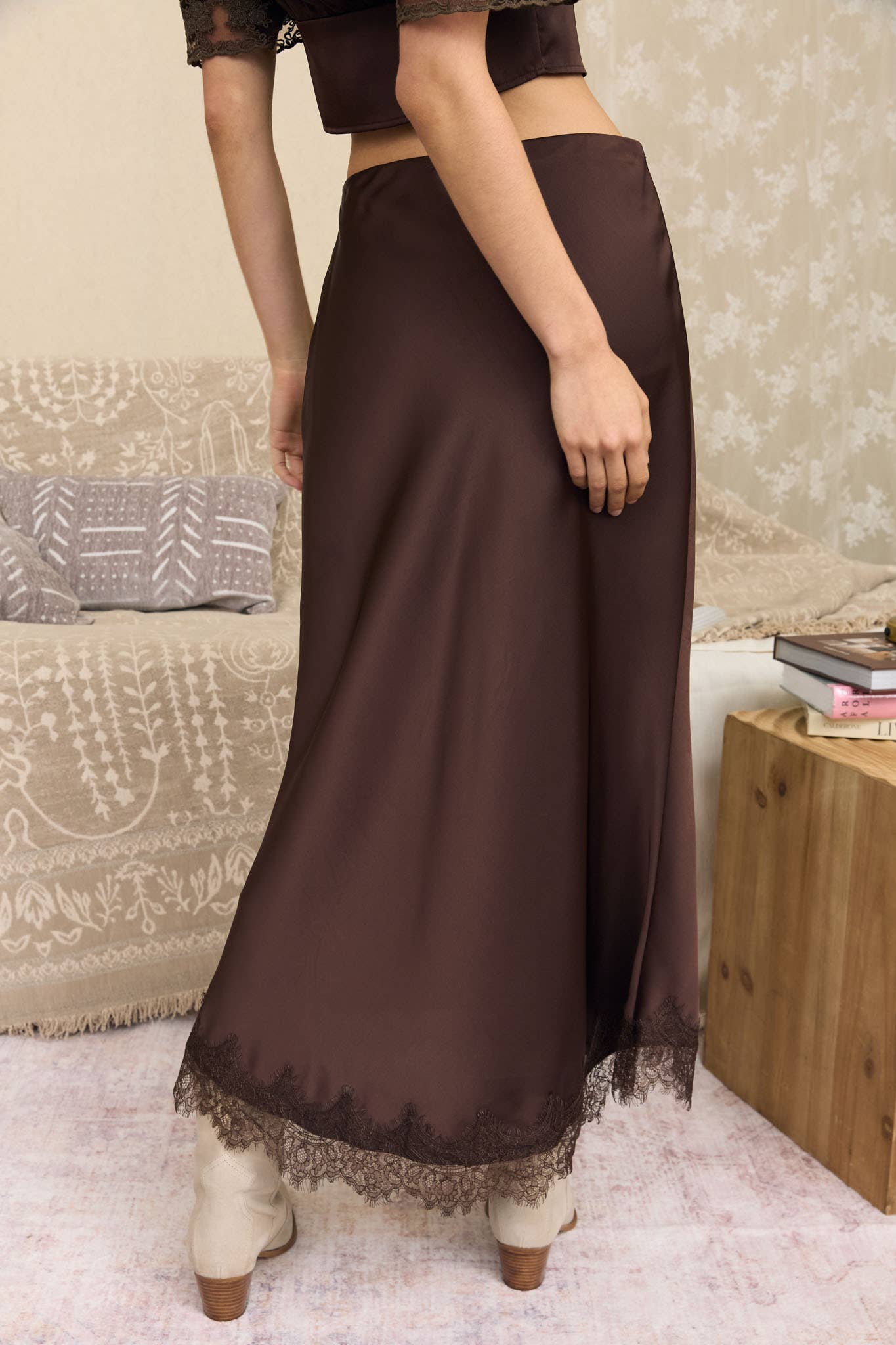 Satin Secret (Brown) Lace Hem Skirt