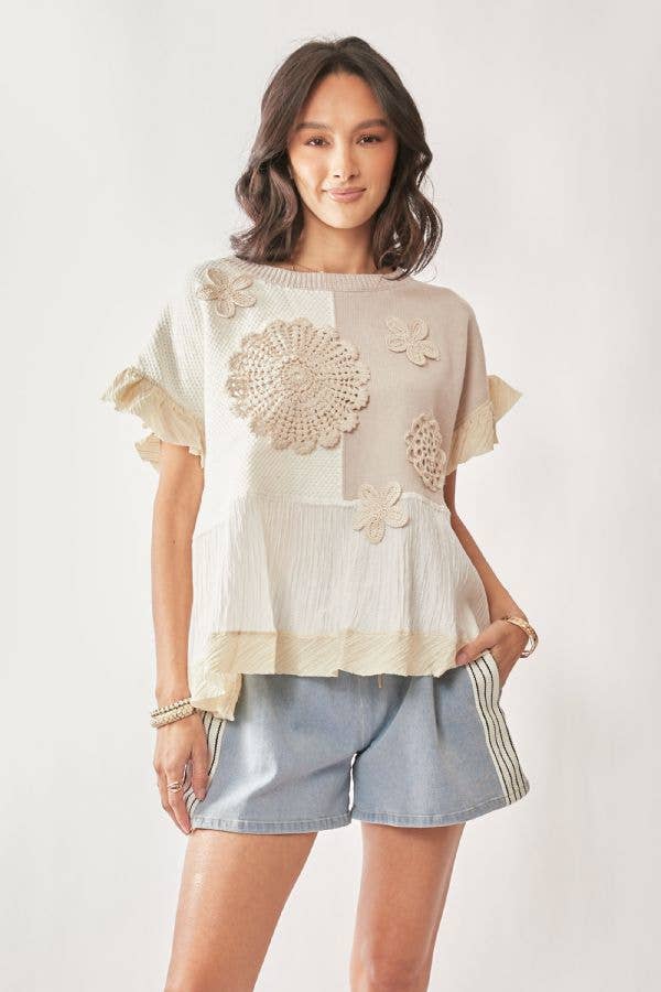 One & Only (Tan) Sweater Boho Ruffle Top