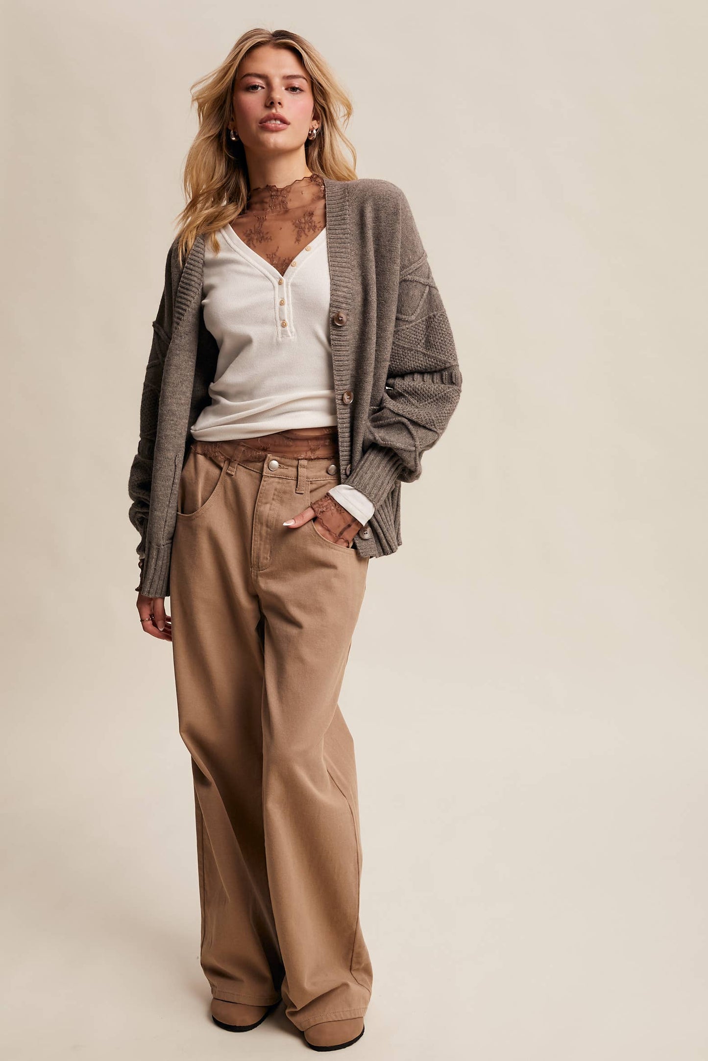 Story Time (Stone) Textured Knit Cardigan