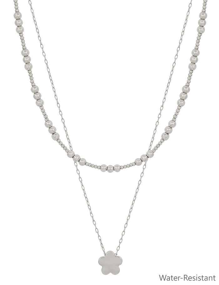 Water Resistant Silver Beaded & Silver Flower Necklace