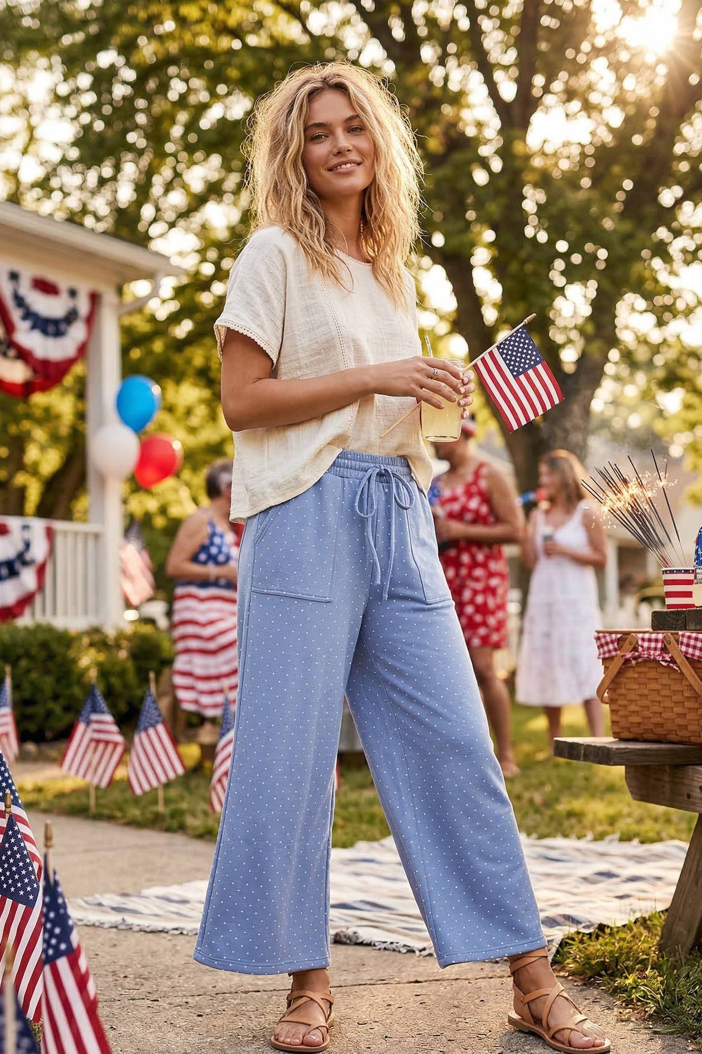 Dot To Dot (Blue/Wh) Wide Leg Pants