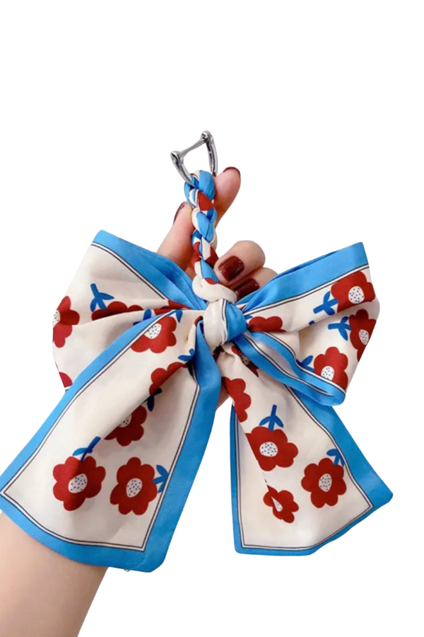 Ivory/Blue Floral Scarf Bow Purse Charm