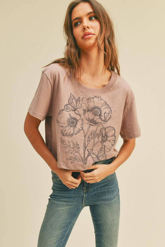 Flower Embroidery Graphic Crop Tee