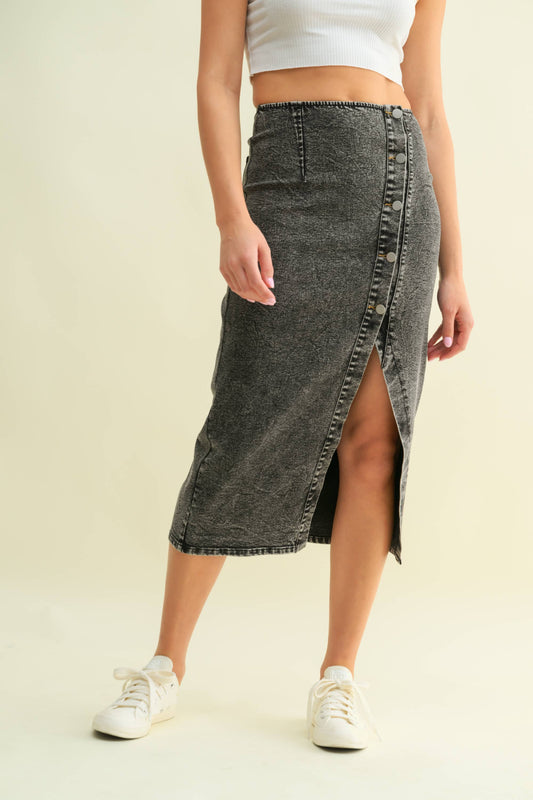 Going Offline (Black) Denim Midi Skirt