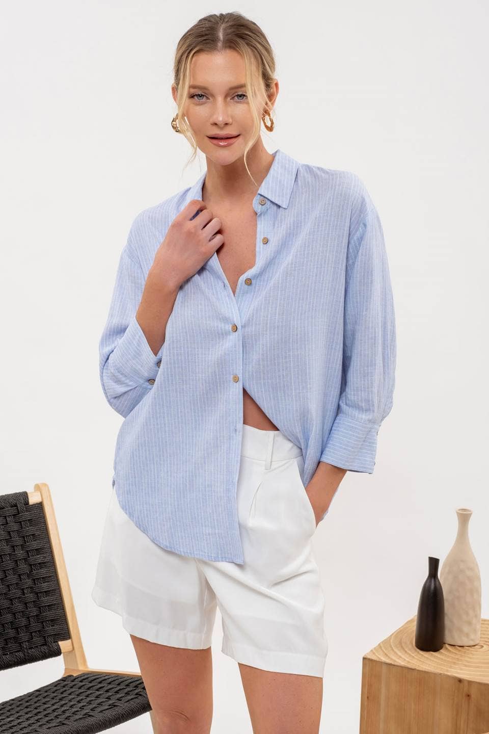 Lovely Linen (Blue) Stripe Button Shirt