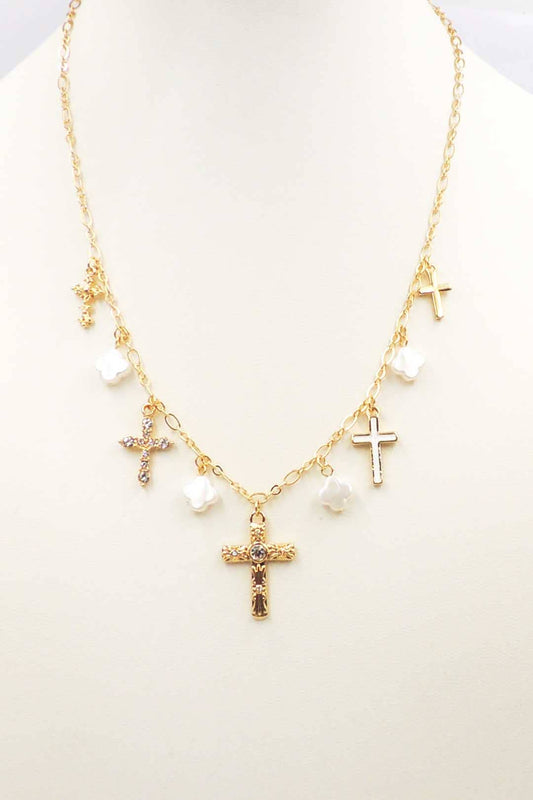 Gold Cross and Pearl Charms Necklace