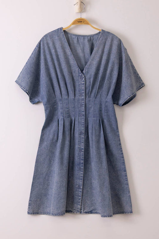Lovely Stroll Pintuck Chambray Dress