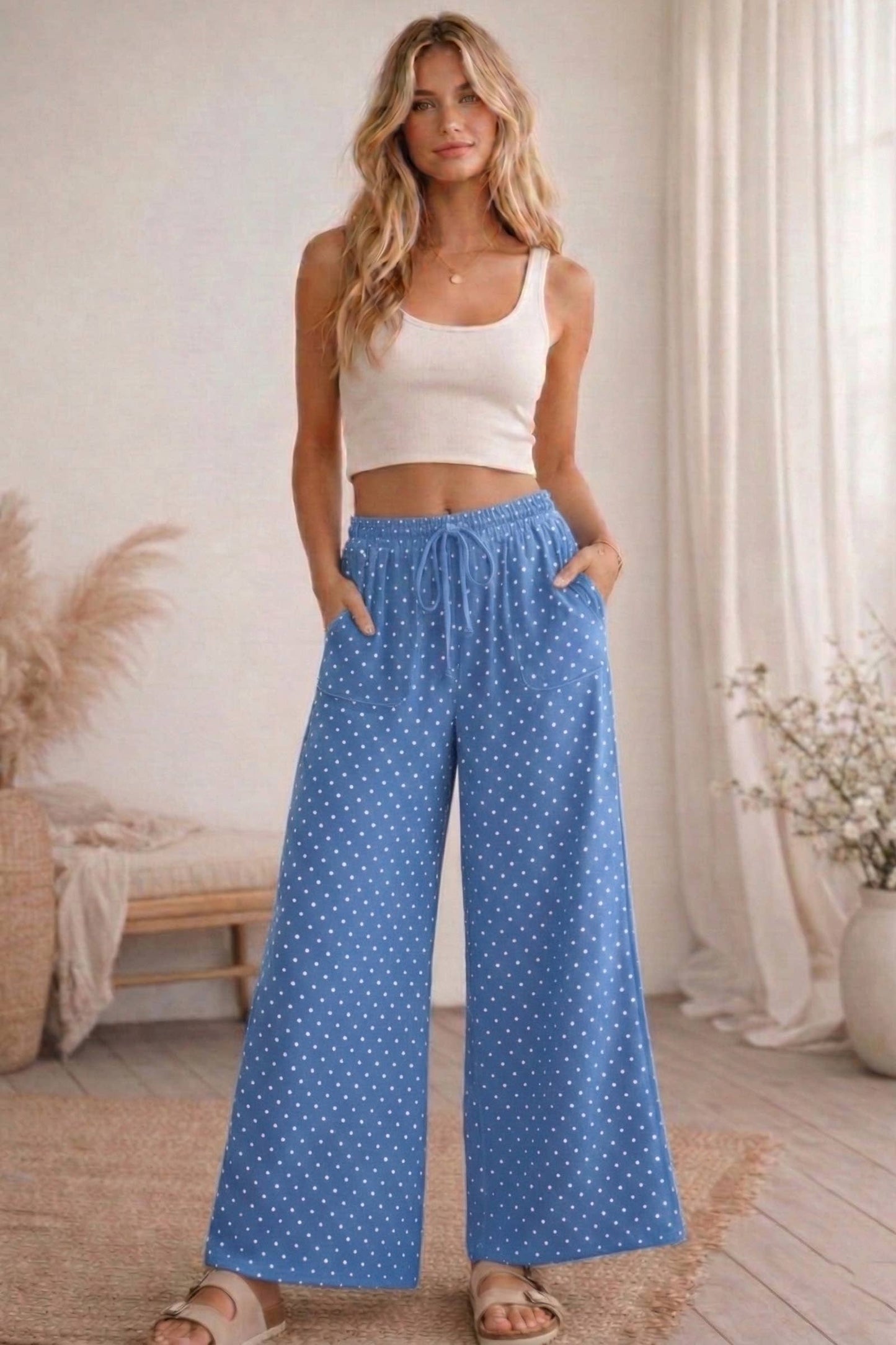 Dot To Dot (Blue/Wh) Wide Leg Pants