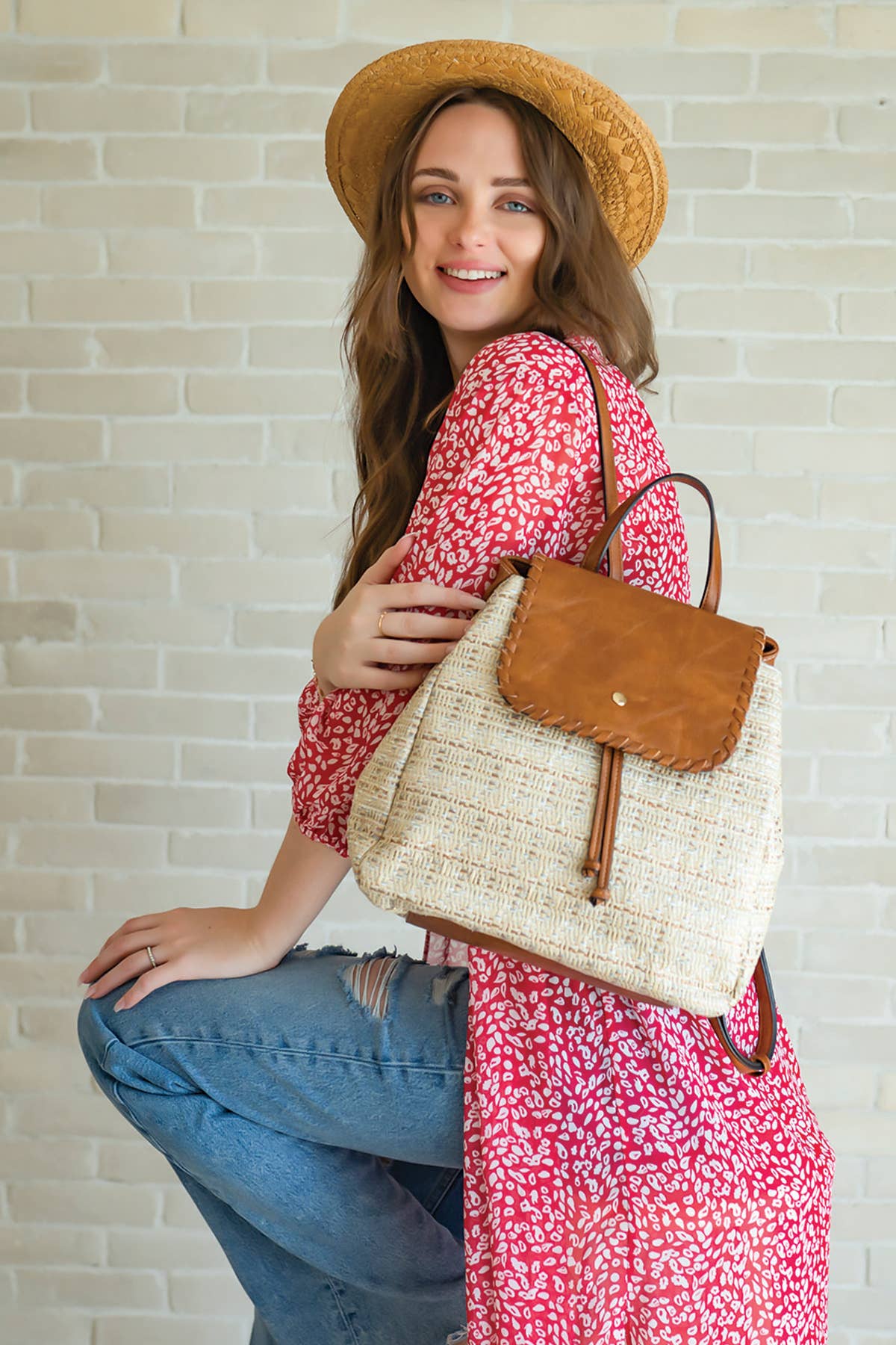 Saffron Woven Textured Backpack: White/Natural