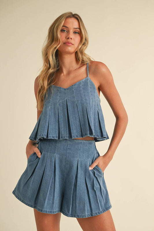 Back Road Denim Pleated Shorts