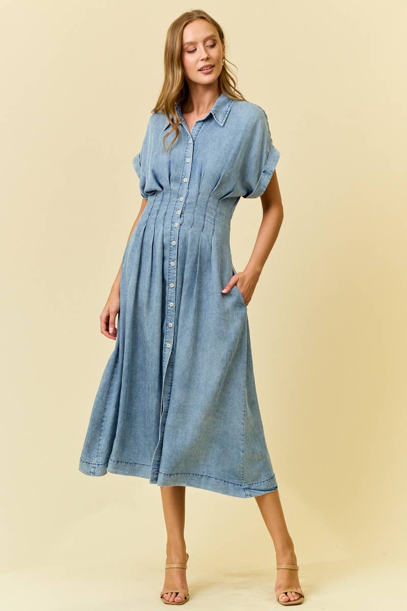 Pretty Pleats Tencel Denim Midi Dress