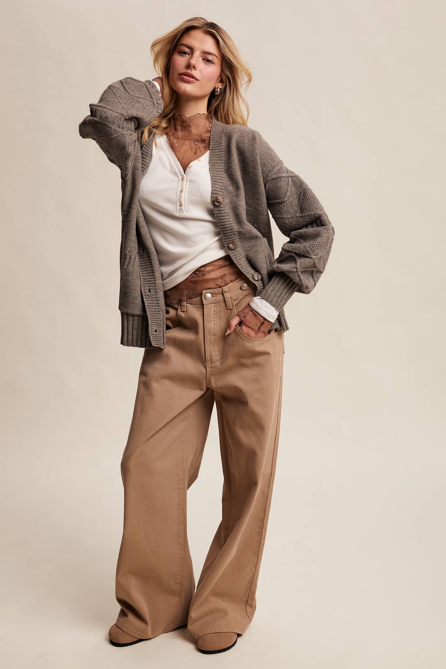 Story Time (Stone) Textured Knit Cardigan