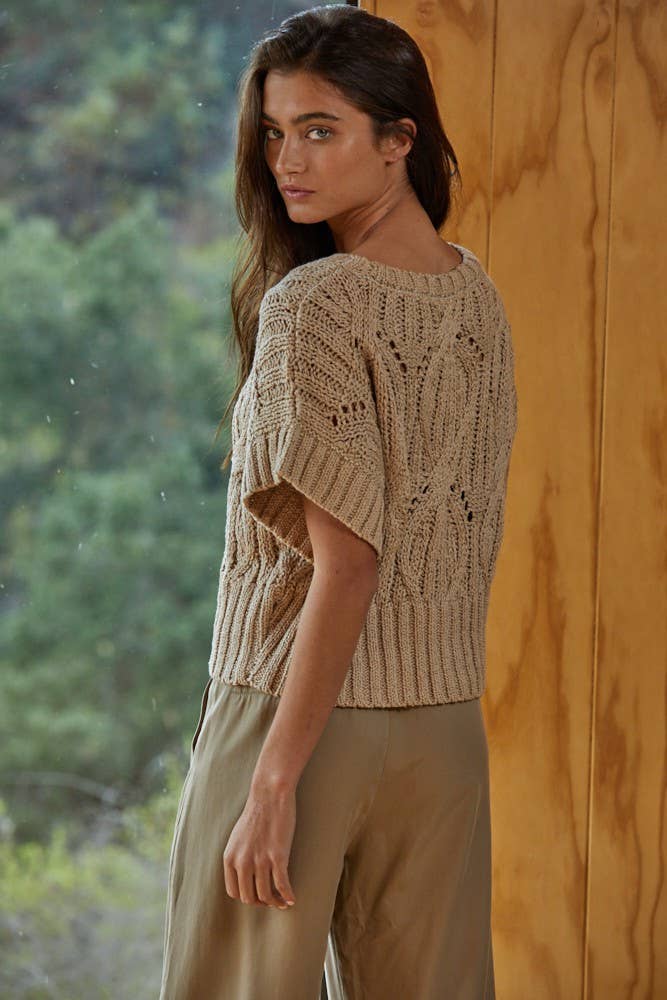 Boho Bliss (Taupe) Crochet SS Sweater