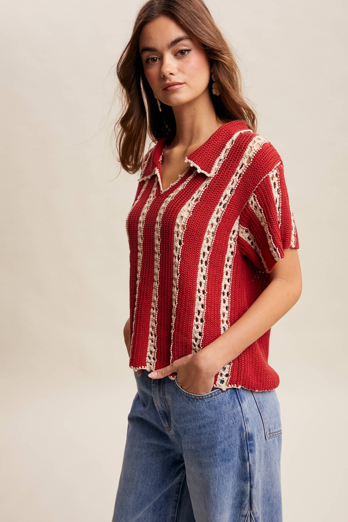 East Meets West (Red) Crochet Stripe Top