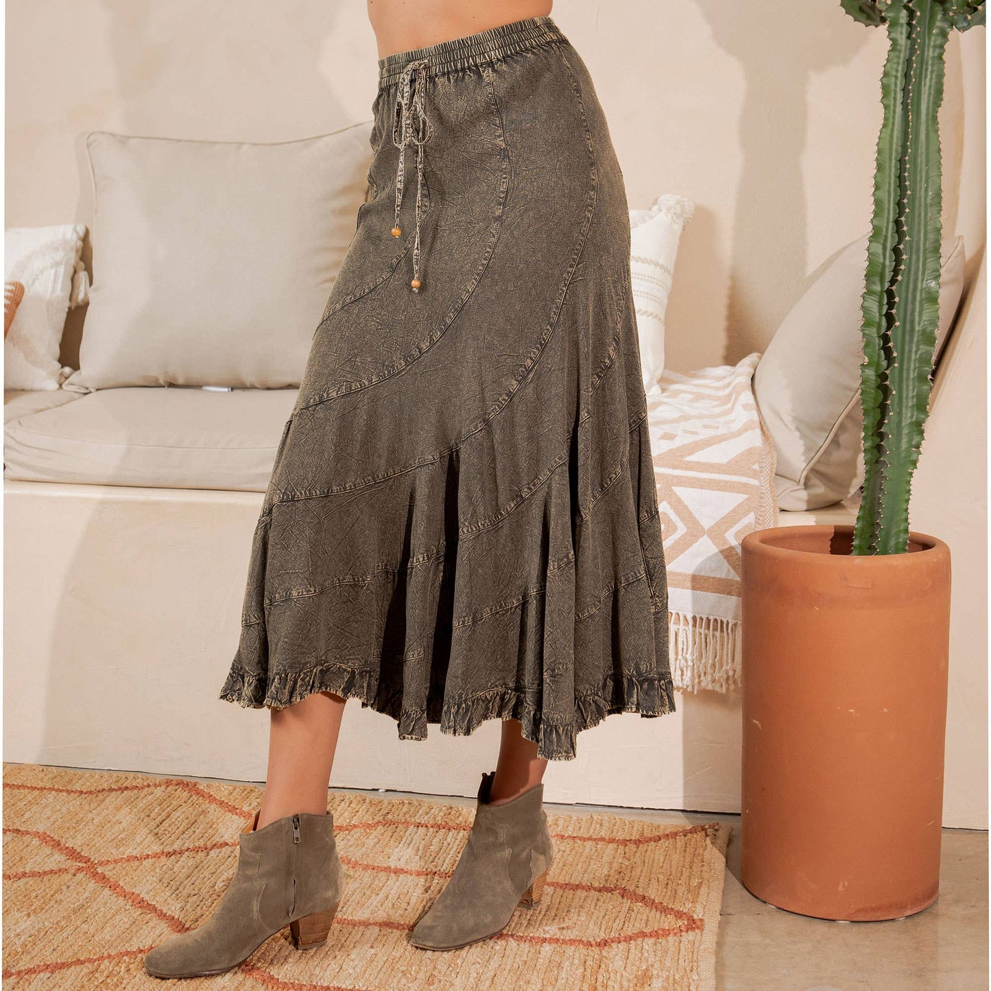 Boho Flair (Gravel) Ruffle Midi Skirt
