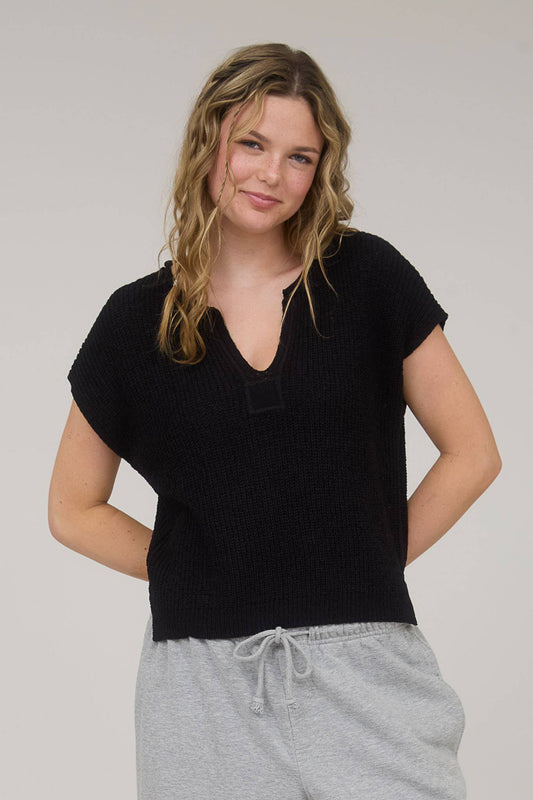 Day Trip (Black) SS Split Neck Sweater