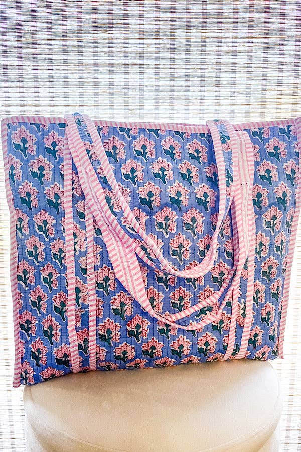 Sybil Blue/Pink Quilted Floral Tote Bag