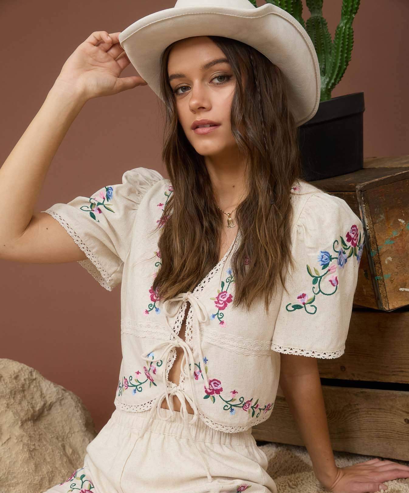After Sunrise Embroidered Tie Blouse