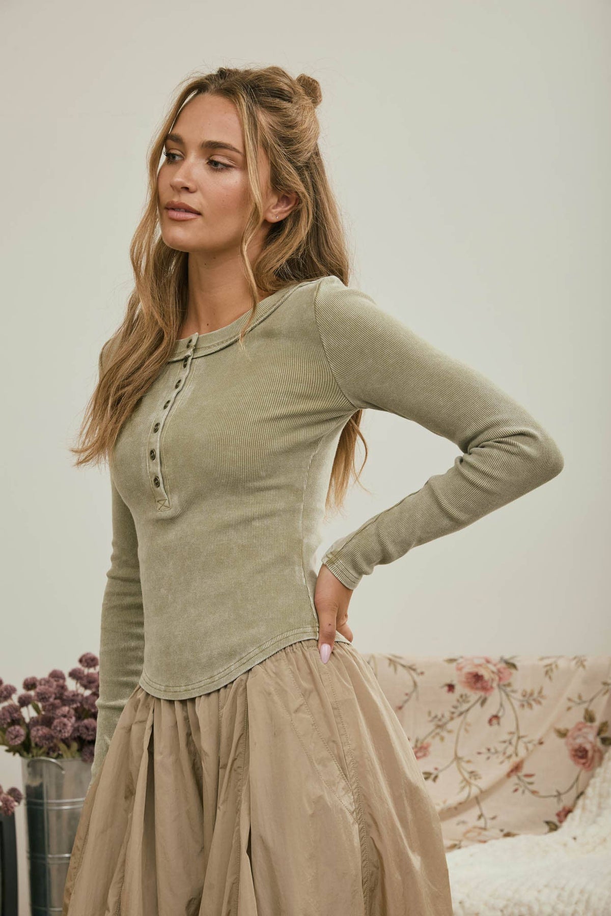 Feeling Fresh (Olive) Wash Henley Top