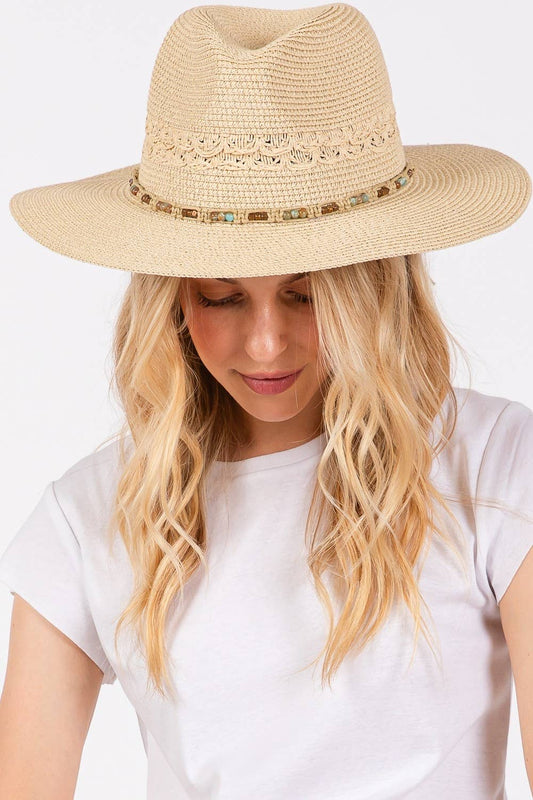 Natural Woven Beaded Band Straw Sun Hat