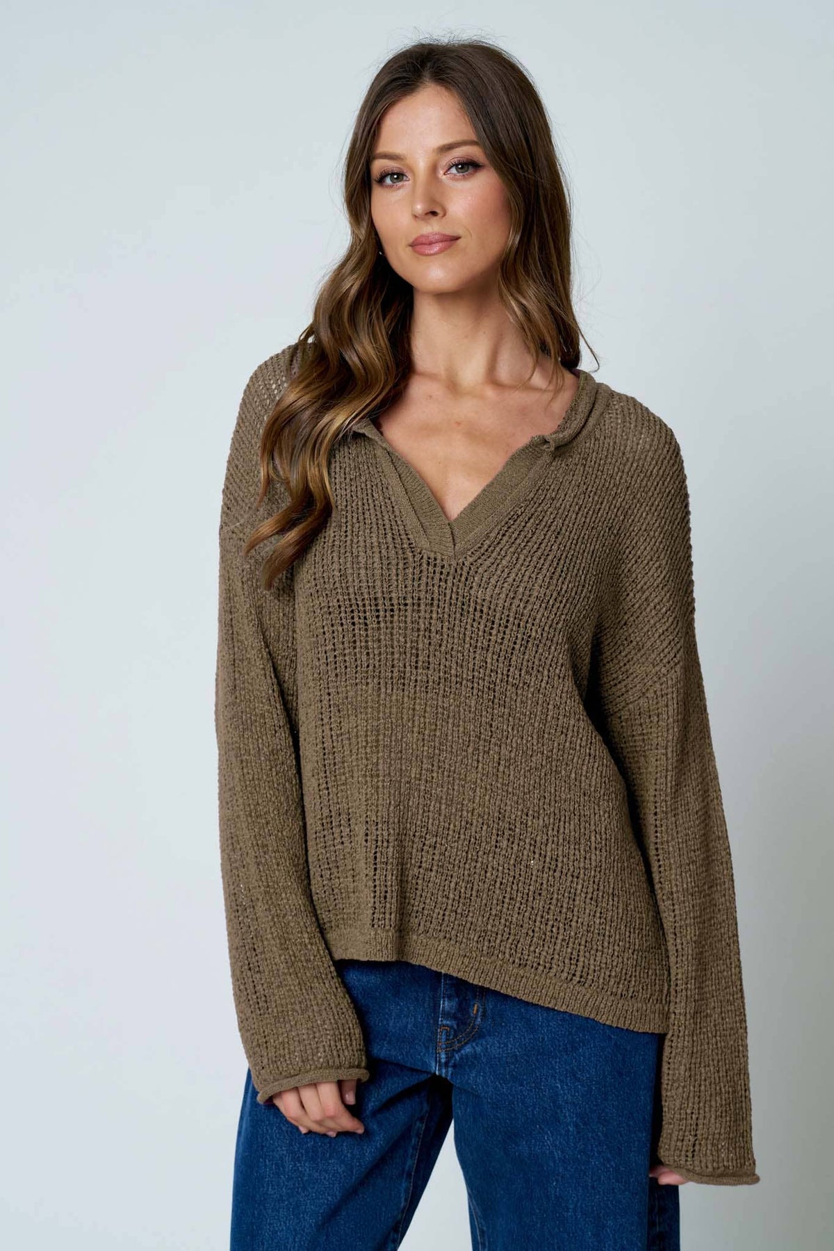 Knit To Be (Brown) Split Neck Sweater