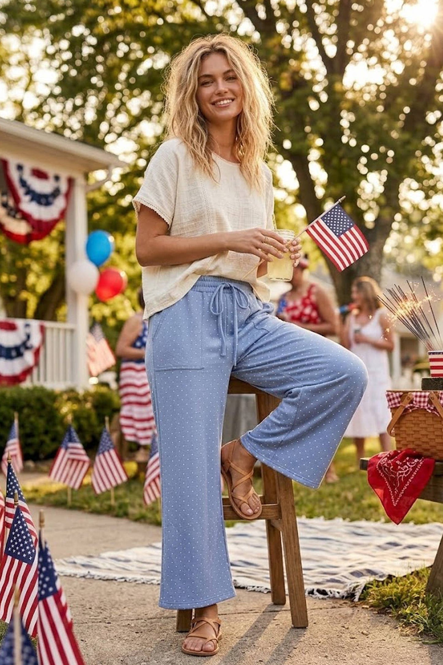 Dot To Dot (Blue/Wh) Wide Leg Pants