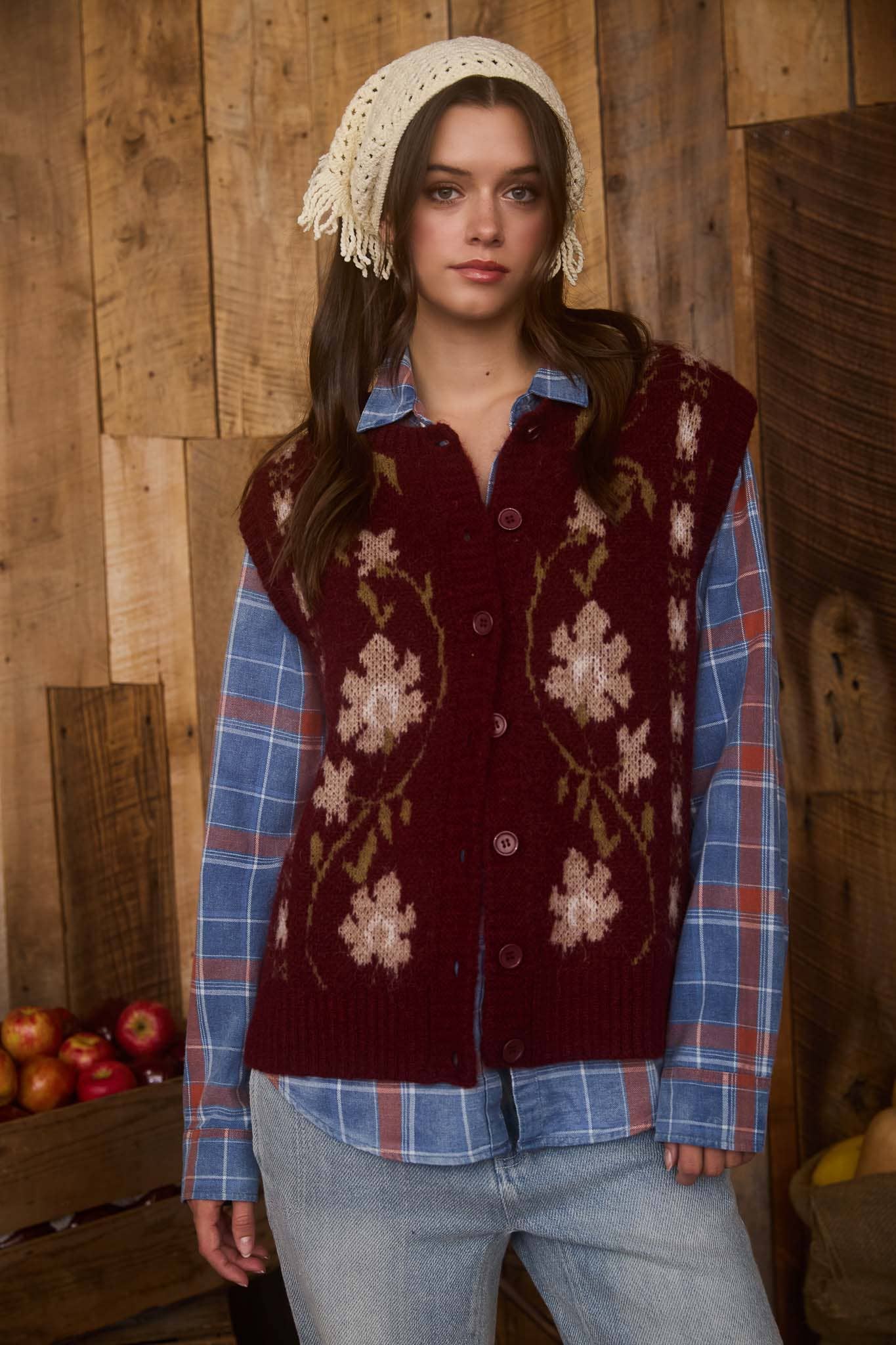 Autumn Hike (Wine) Floral Sweater Vest
