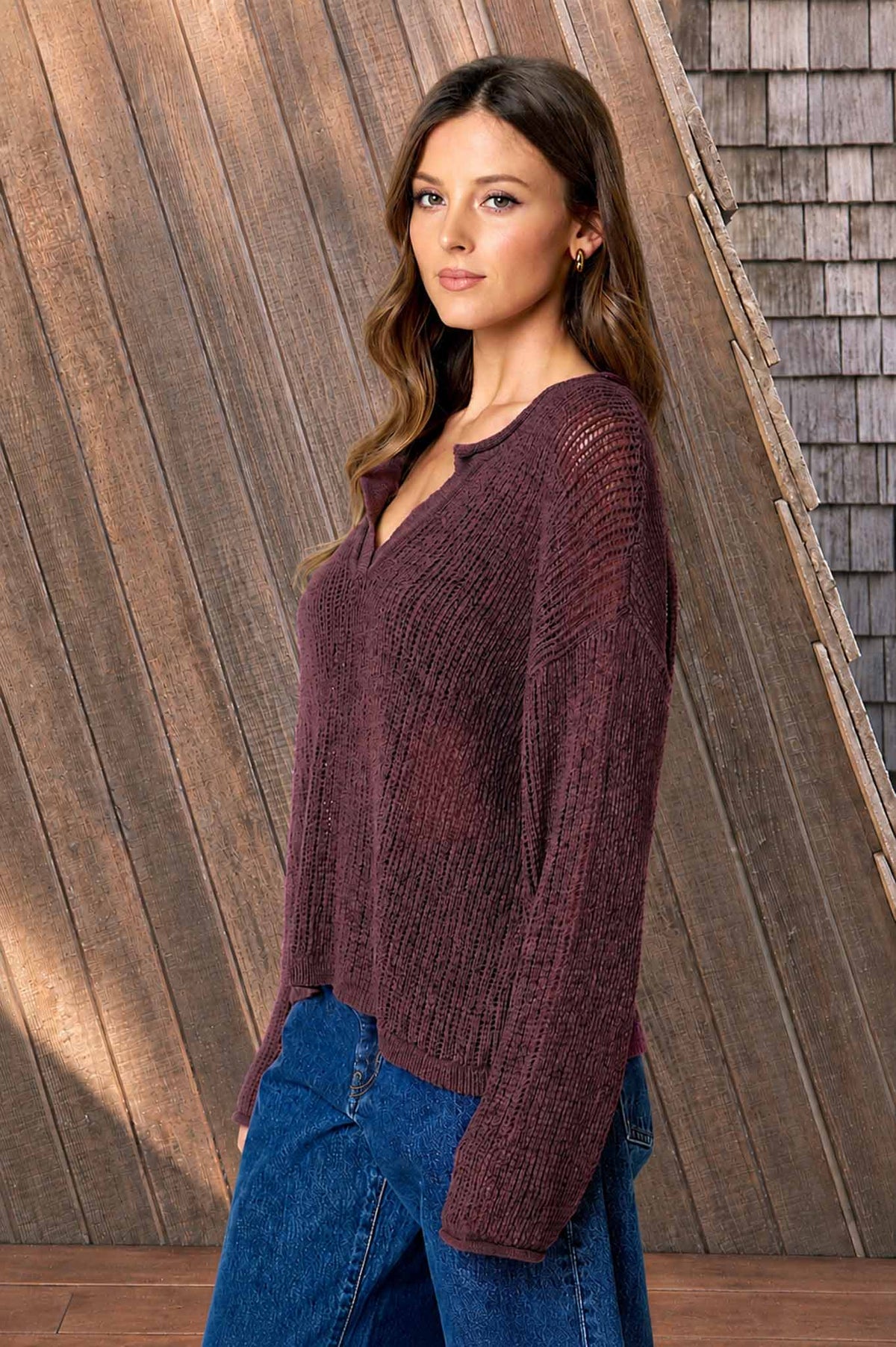 Knit To Be (Plum) Split Neck Sweater