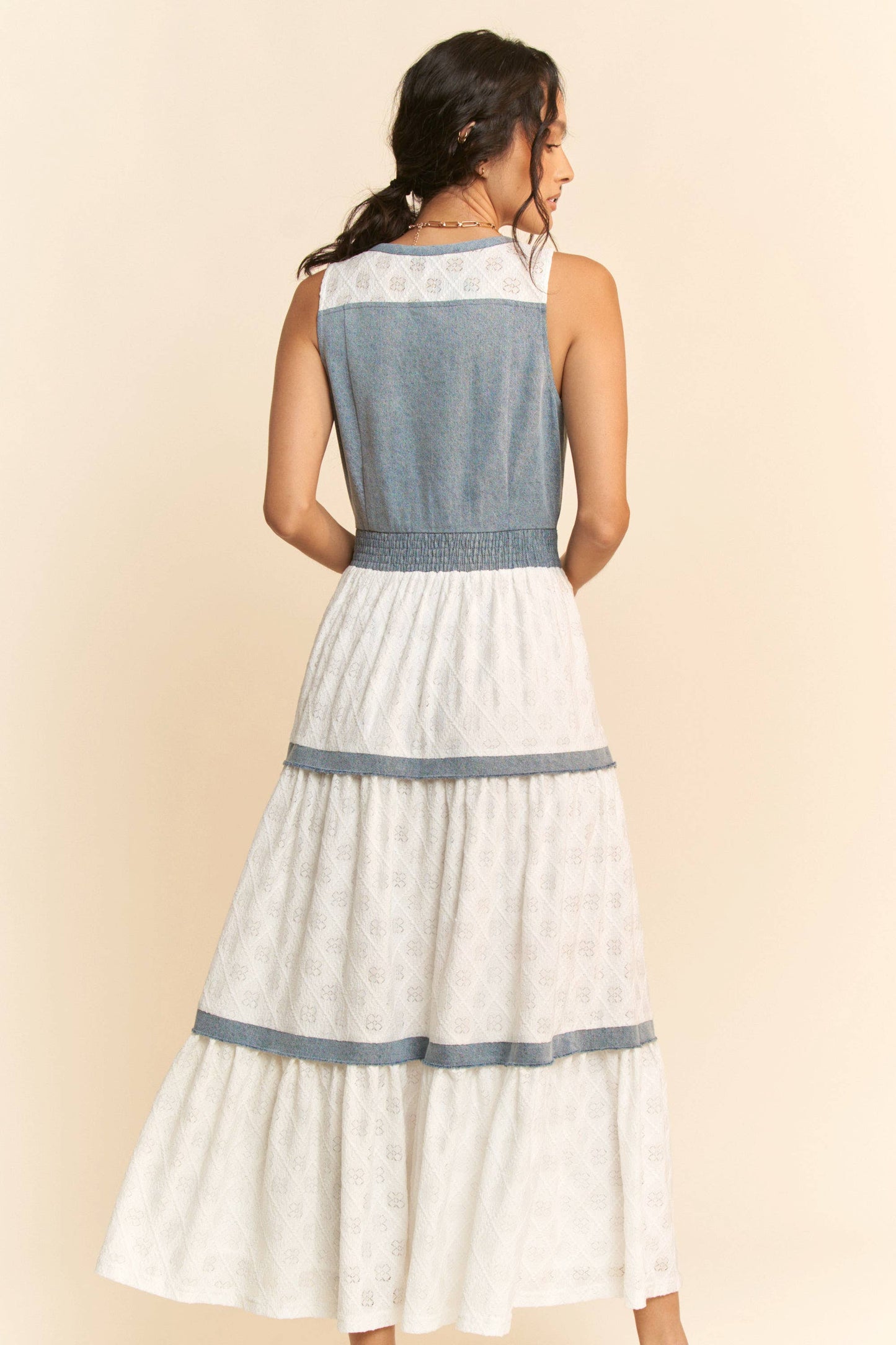 Down A Hidden Lane Denim & Lace Dress