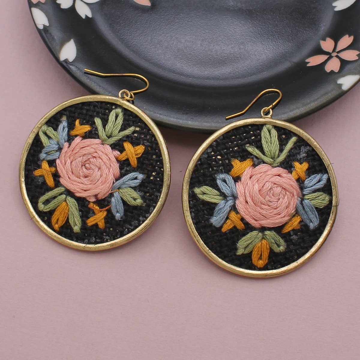 Black Floral Cross Stitch Earrings