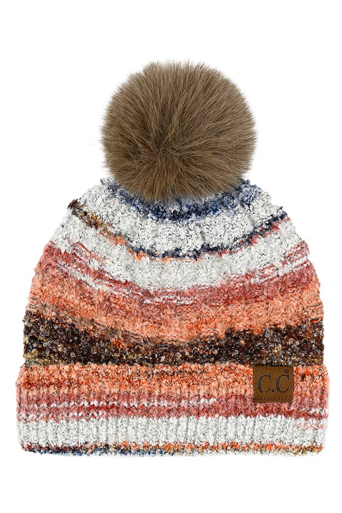 C.C Multi Color Fur Pom Beanie, Taupe
