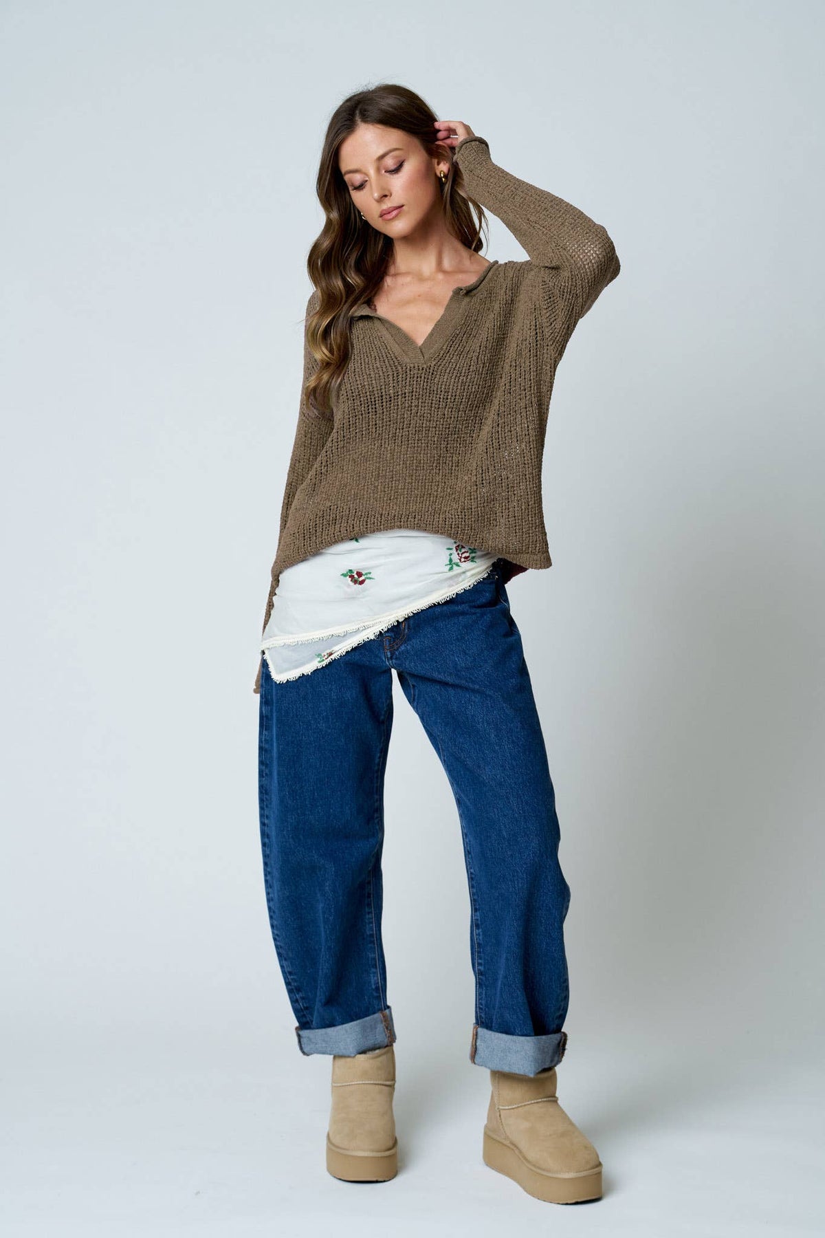 Knit To Be (Brown) Split Neck Sweater