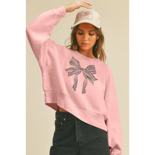 (Pink) Bow Graphic Crop Sweatshirt