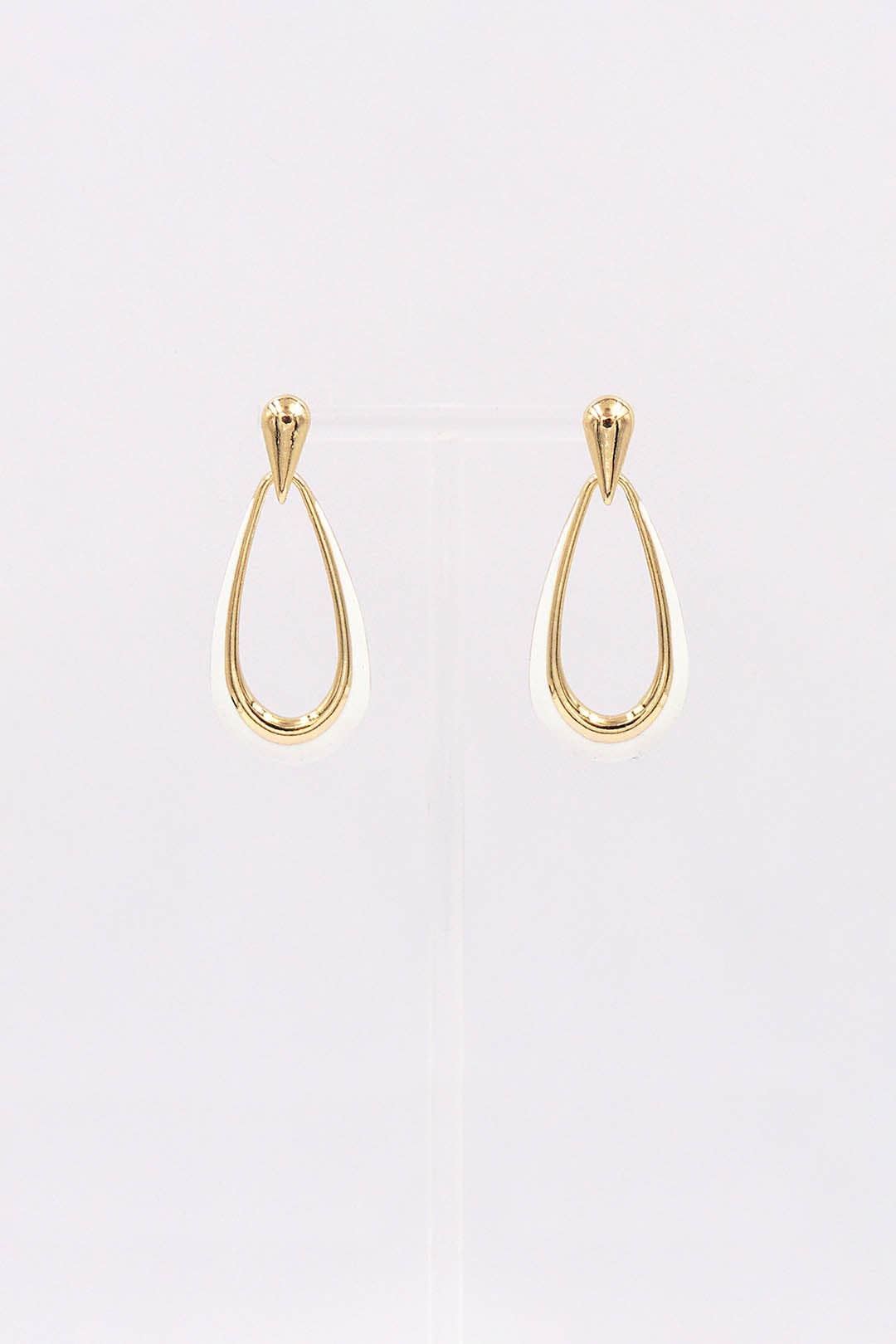Gold Stud with White Enamel Open Teardrop Earring