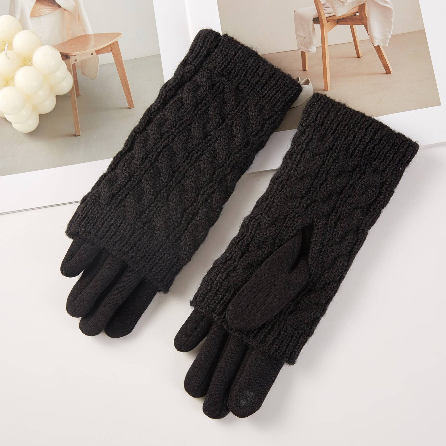 3-in-1 Cable Solid Knit Textured Gloves