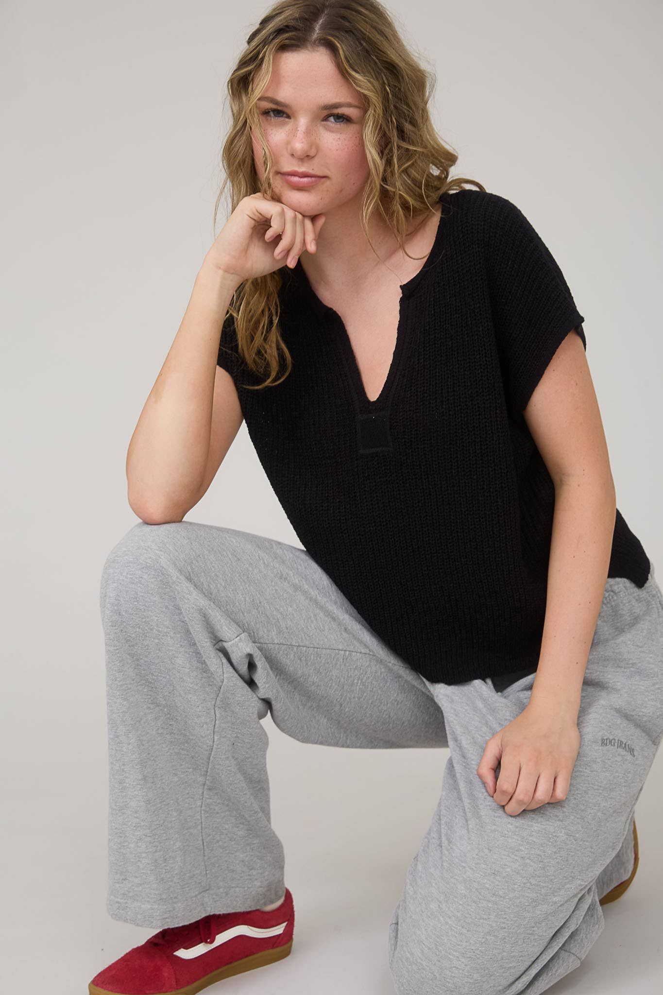 Day Trip (Black) SS Split Neck Sweater