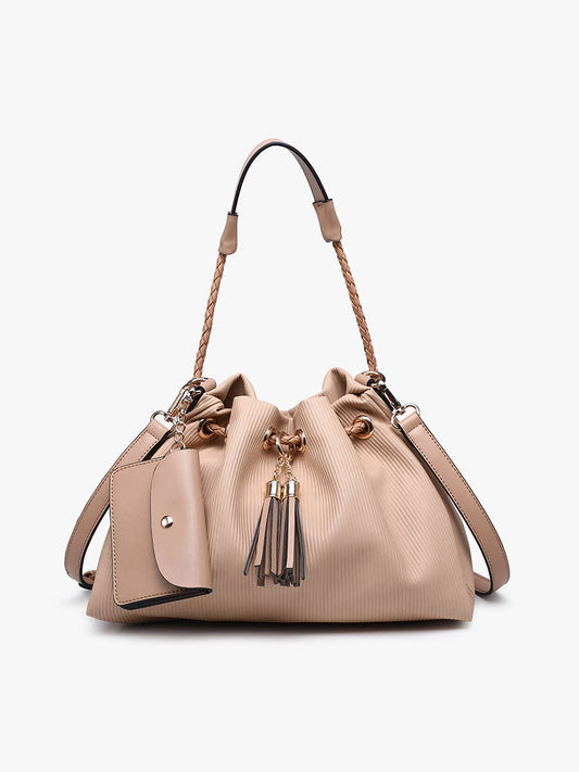 Aaliyah Pleated Drawstring Bucket Bag: Taupe