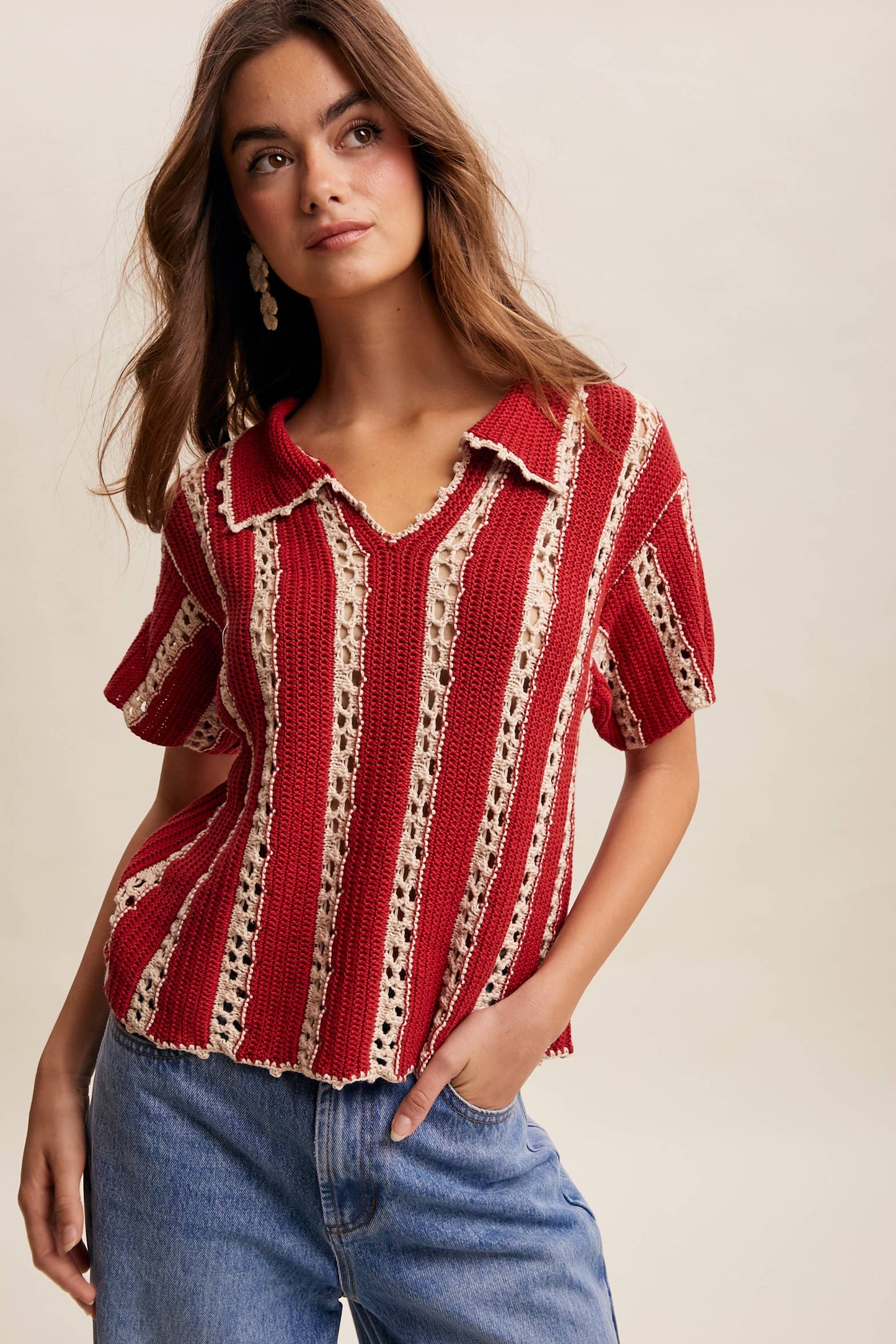 East Meets West (Red) Crochet Stripe Top