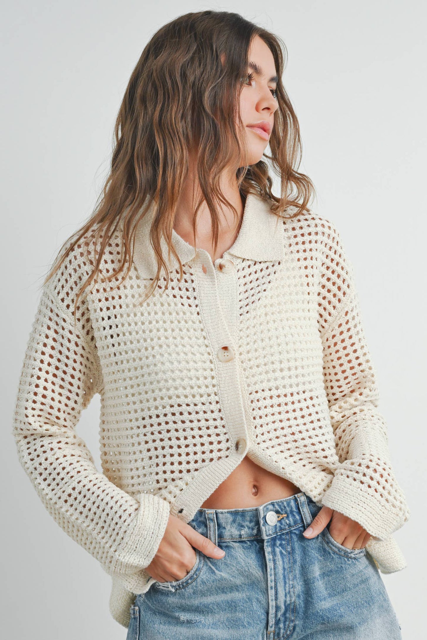 Seaside (Taupe) Crochet Collar Cardigan